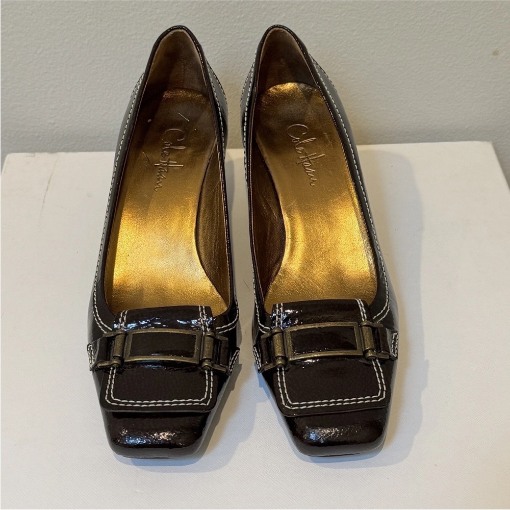 Cole Haan Y2K Brown Patent Leather Square Tow Heels with Buckle - Sz 8